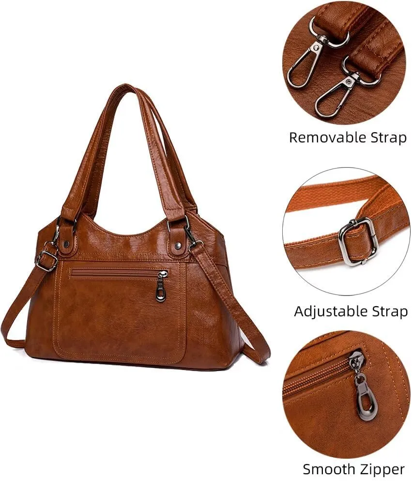 Soft Leather Tote Bag for Women Multi Pocket Top Handle Satchel Handbag Designer Shoulder Bag Work Crossbody Purse