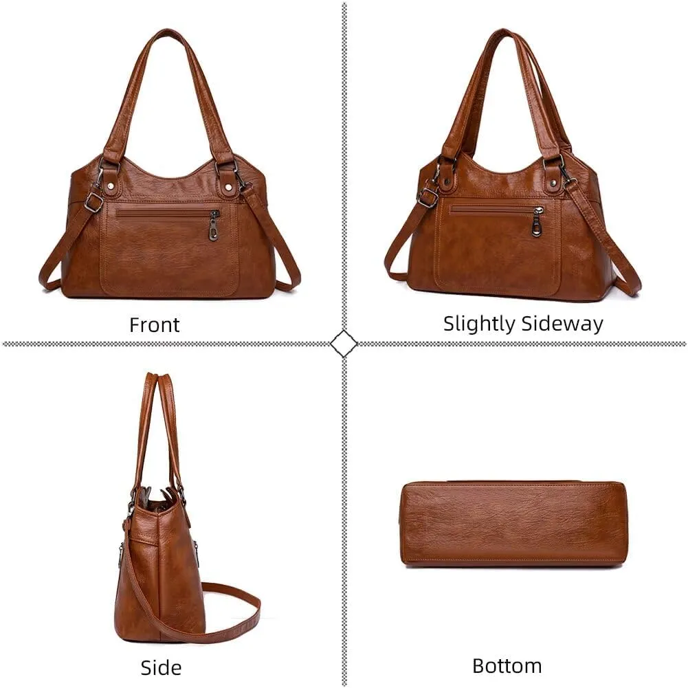 Soft Leather Tote Bag for Women Multi Pocket Top Handle Satchel Handbag Designer Shoulder Bag Work Crossbody Purse