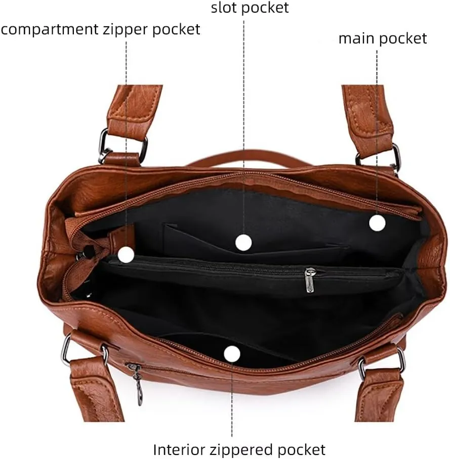 Soft Leather Tote Bag for Women Multi Pocket Top Handle Satchel Handbag Designer Shoulder Bag Work Crossbody Purse