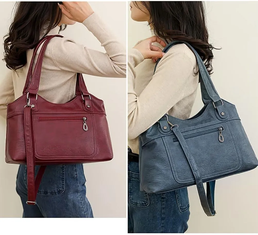 Soft Leather Tote Bag for Women Multi Pocket Top Handle Satchel Handbag Designer Shoulder Bag Work Crossbody Purse