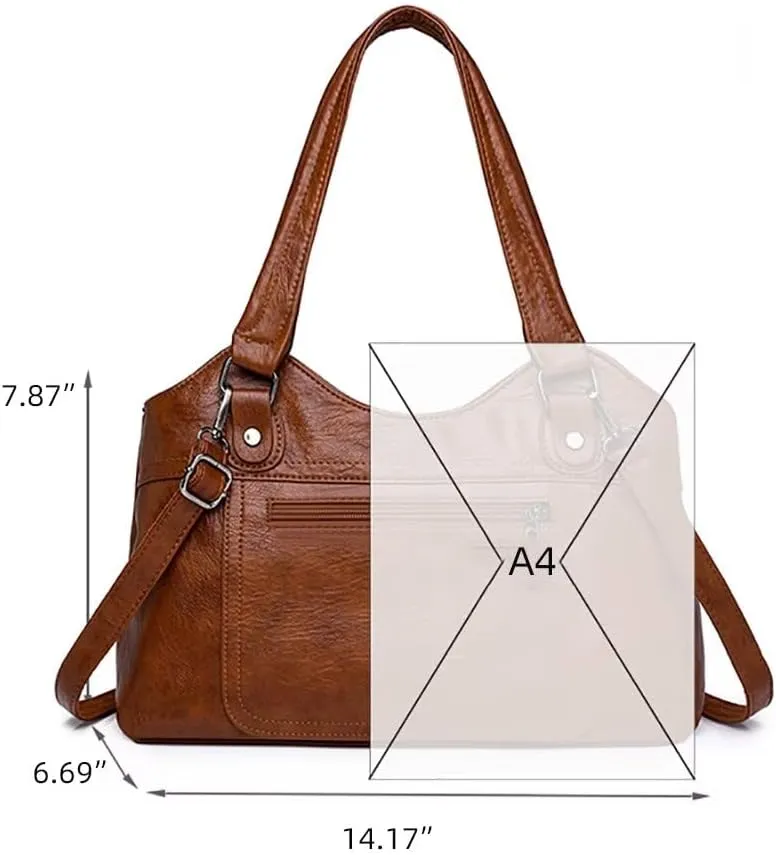 Soft Leather Tote Bag for Women Multi Pocket Top Handle Satchel Handbag Designer Shoulder Bag Work Crossbody Purse