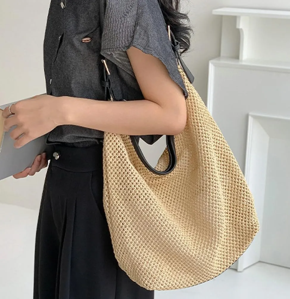 Straw Tote Bag Handwoven Hobo Bags for Women Summer Beach Bag Casual Handbag Shoulder Bag Travel Shopping Dating