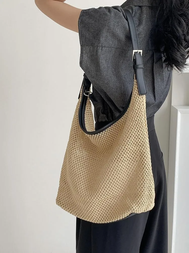 Straw Tote Bag Handwoven Hobo Bags for Women Summer Beach Bag Casual Handbag Shoulder Bag Travel Shopping Dating
