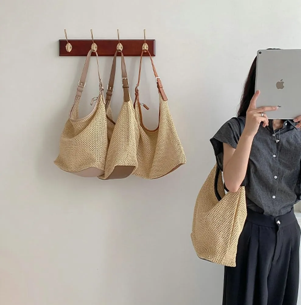 Straw Tote Bag Handwoven Hobo Bags for Women Summer Beach Bag Casual Handbag Shoulder Bag Travel Shopping Dating