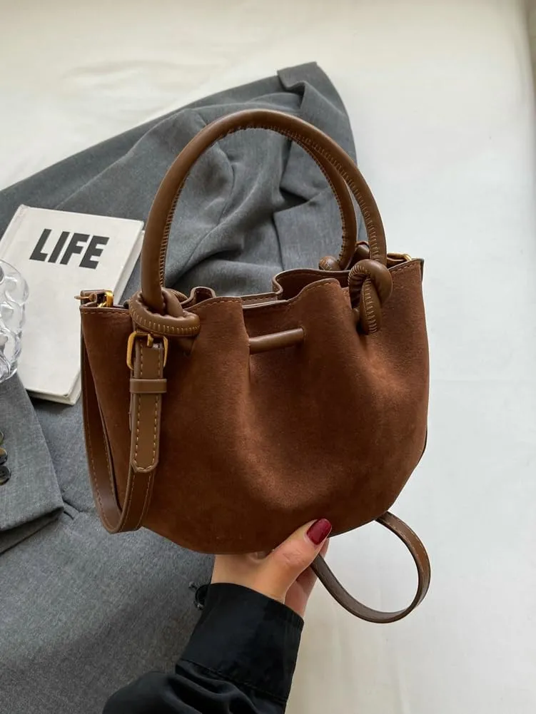 Suede Bucket Bag Women Crossbody Bags Shoulder Purse Satchels Ruched Hobo Handbag Suede Bucket Purses Work Travel Fall