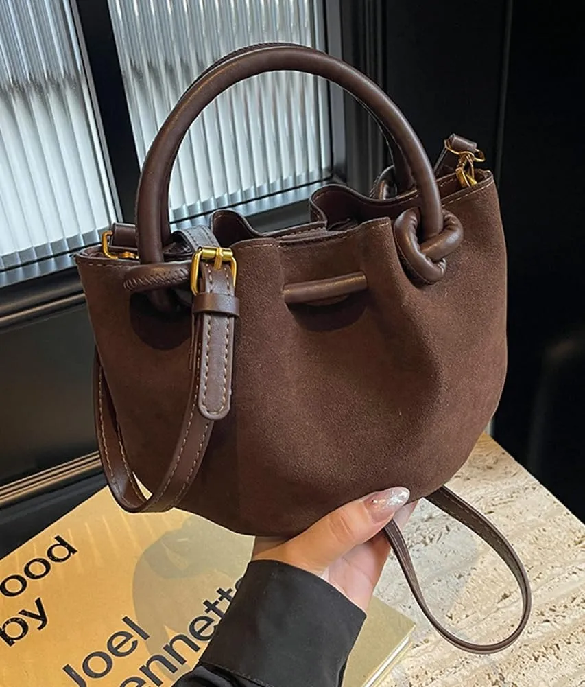 Suede Bucket Bag Women Crossbody Bags Shoulder Purse Satchels Ruched Hobo Handbag Suede Bucket Purses Work Travel Fall