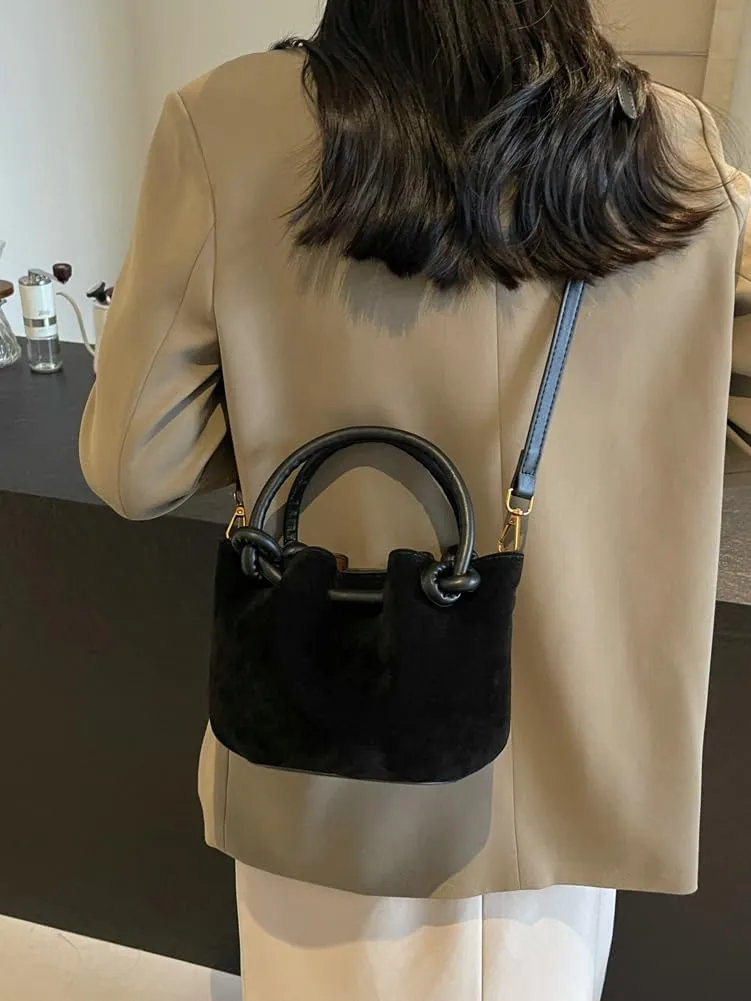 Suede Bucket Bag Women Crossbody Bags Shoulder Purse Satchels Ruched Hobo Handbag Suede Bucket Purses Work Travel Fall