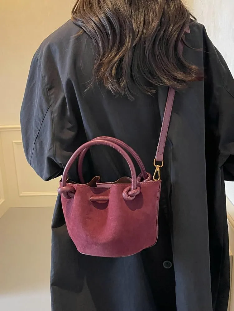Suede Bucket Bag Women Crossbody Bags Shoulder Purse Satchels Ruched Hobo Handbag Suede Bucket Purses Work Travel Fall