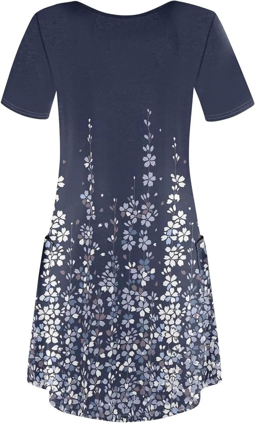 Summer Dresses for Women V Neck Swimsuit Coverup Floral Sundresses Casual Short Sleeve T Shirt Dress Loose with Pockets