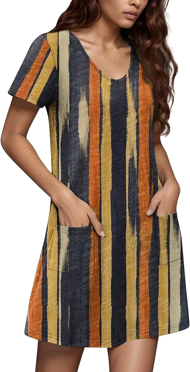 Summer Dresses for Women V Neck Swimsuit Coverup Floral Sundresses Casual Short Sleeve T Shirt Dress Loose with Pockets