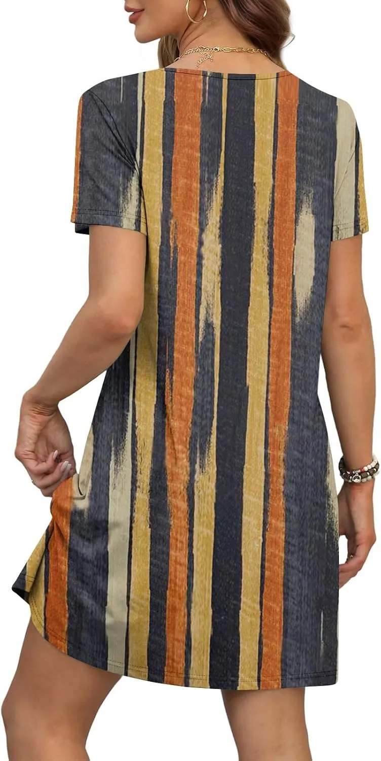 Summer Dresses for Women V Neck Swimsuit Coverup Floral Sundresses Casual Short Sleeve T Shirt Dress Loose with Pockets
