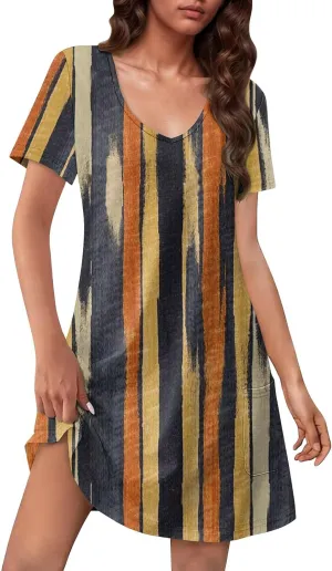 Summer Dresses for Women V Neck Swimsuit Coverup Floral Sundresses Casual Short Sleeve T Shirt Dress Loose with Pockets