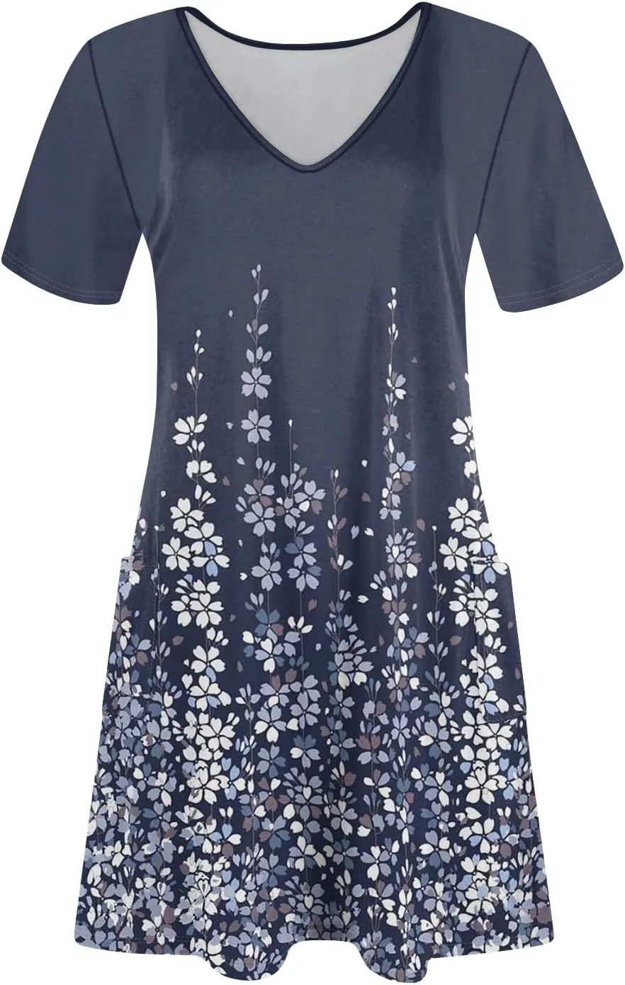 Summer Dresses for Women V Neck Swimsuit Coverup Floral Sundresses Casual Short Sleeve T Shirt Dress Loose with Pockets