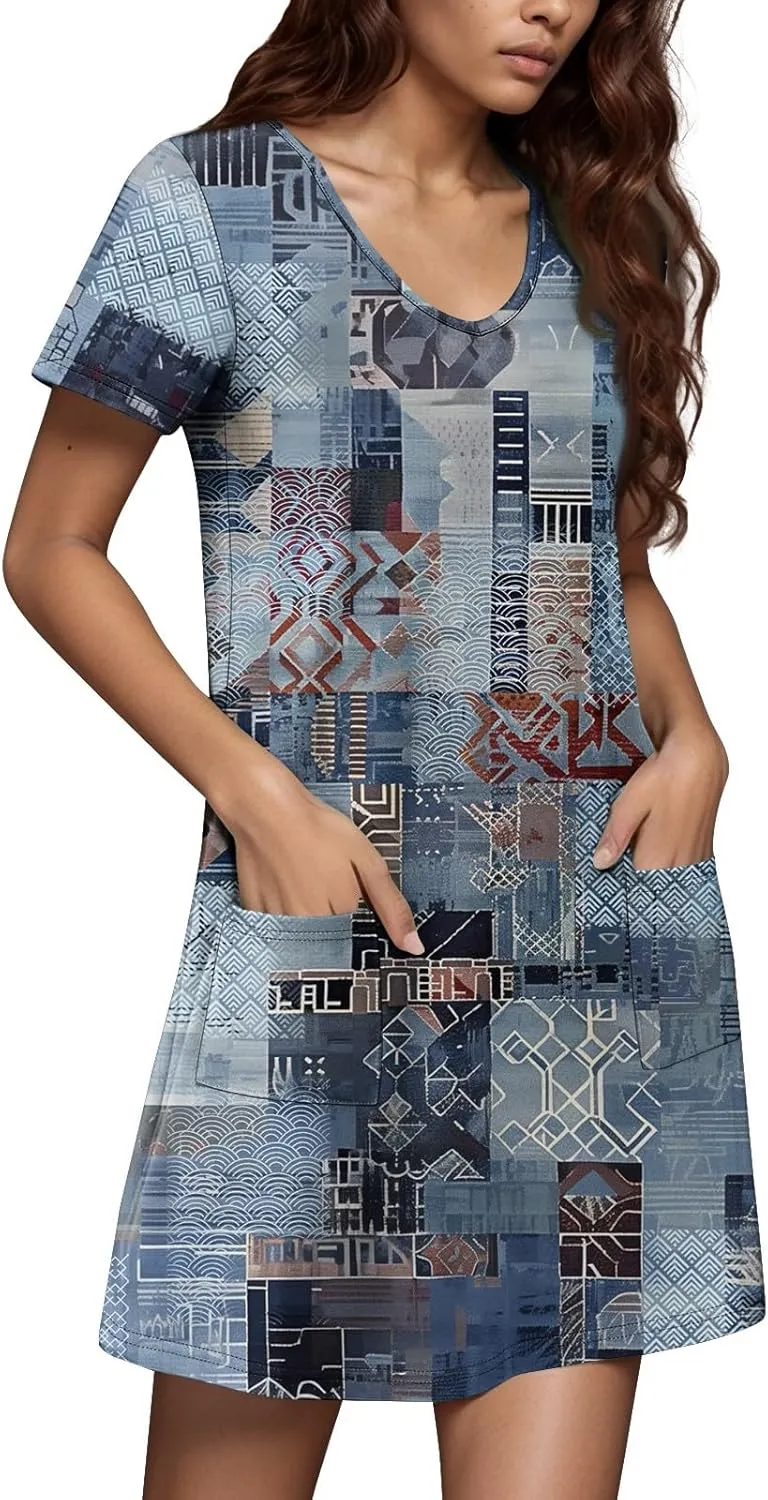 Summer Dresses for Women V Neck Swimsuit Coverup Floral Sundresses Casual Short Sleeve T Shirt Dress Loose with Pockets