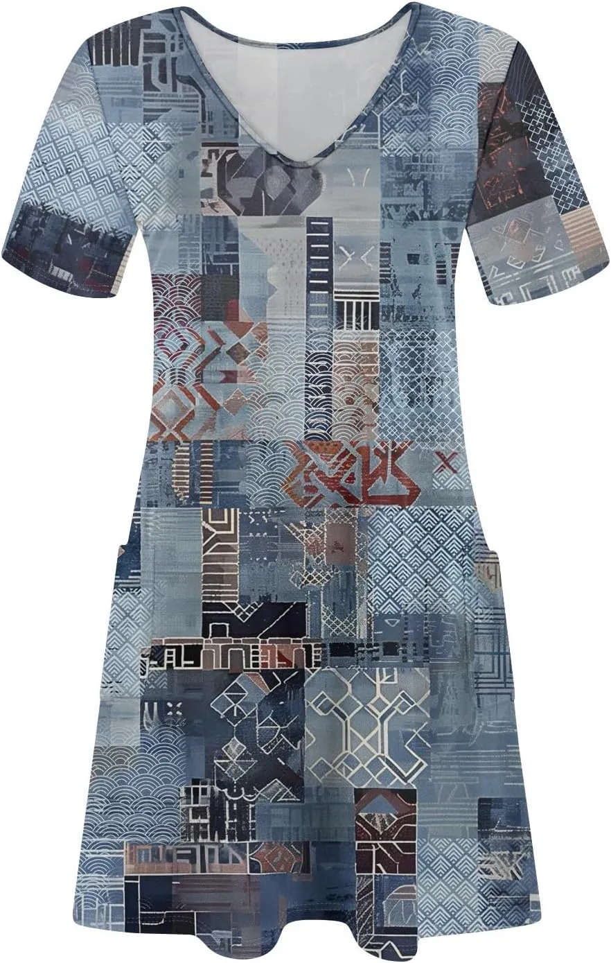 Summer Dresses for Women V Neck Swimsuit Coverup Floral Sundresses Casual Short Sleeve T Shirt Dress Loose with Pockets
