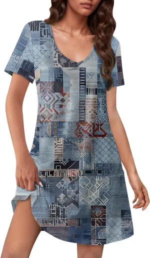 Summer Dresses for Women V Neck Swimsuit Coverup Floral Sundresses Casual Short Sleeve T Shirt Dress Loose with Pockets