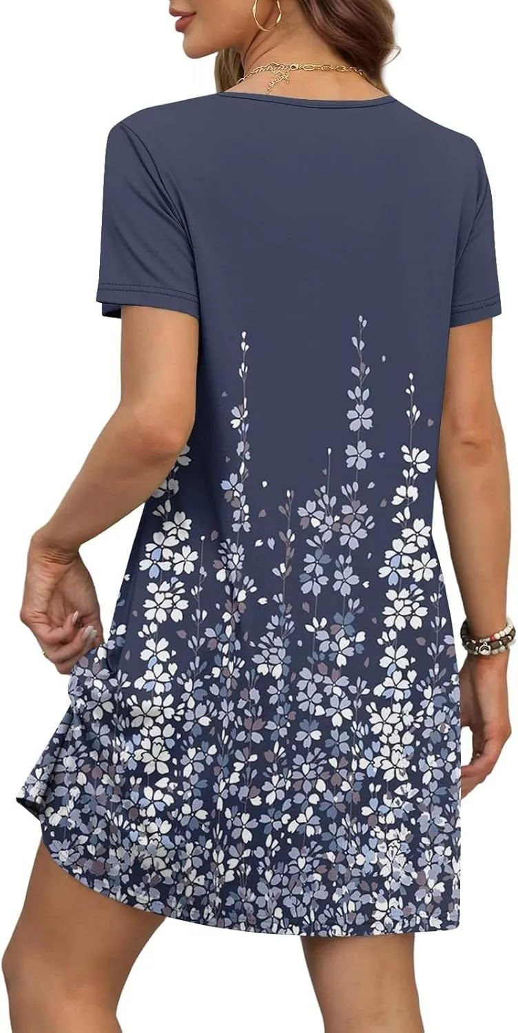 Summer Dresses for Women V Neck Swimsuit Coverup Floral Sundresses Casual Short Sleeve T Shirt Dress Loose with Pockets