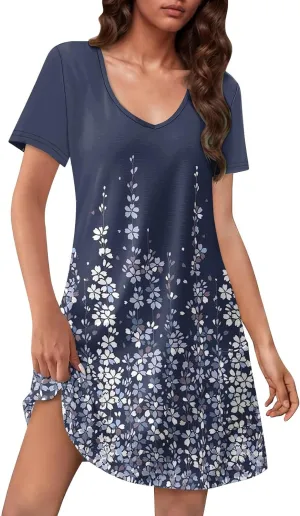 Summer Dresses for Women V Neck Swimsuit Coverup Floral Sundresses Casual Short Sleeve T Shirt Dress Loose with Pockets
