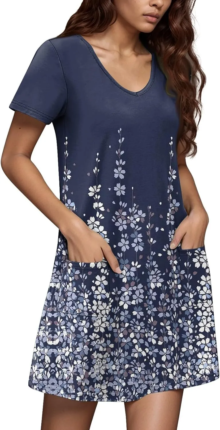 Summer Dresses for Women V Neck Swimsuit Coverup Floral Sundresses Casual Short Sleeve T Shirt Dress Loose with Pockets