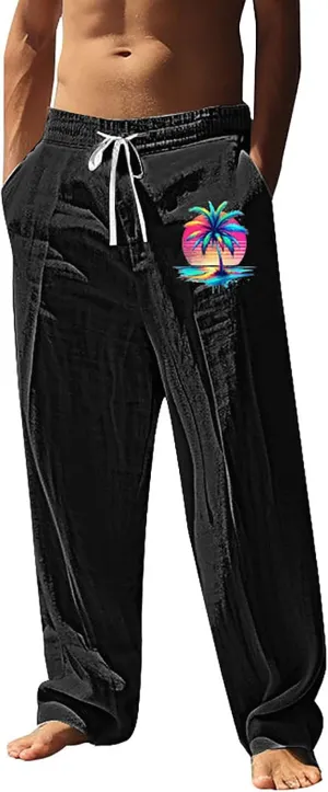 Summer Pants for Men Lightweight Relaxed Fit Trousers with Pockets Casual Wide Leg Vacation Beach Boho Pants