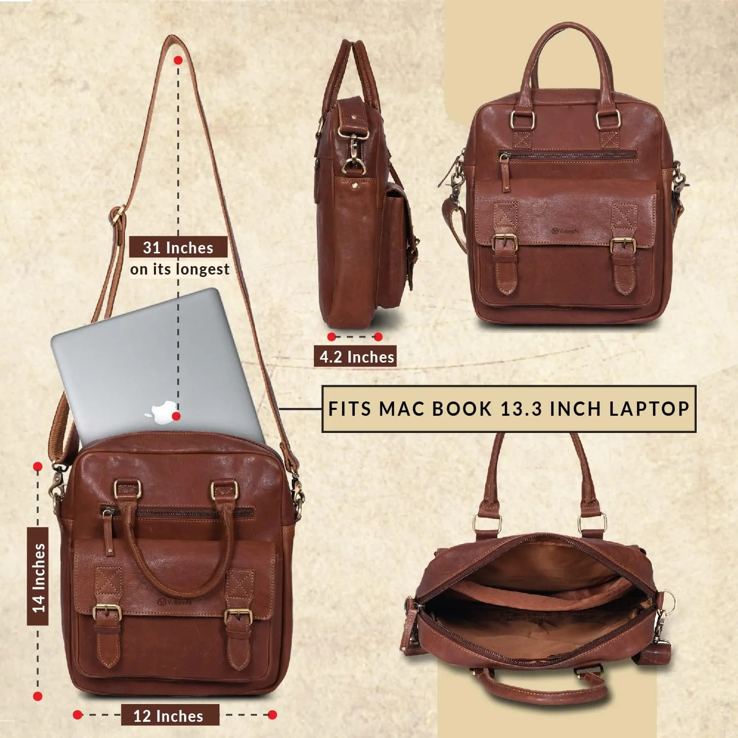VALENCHI Leather Messenger Bag For Men - Laptop Messenger Briefcase & Shoulder Bag-Office, Work, Travel, College