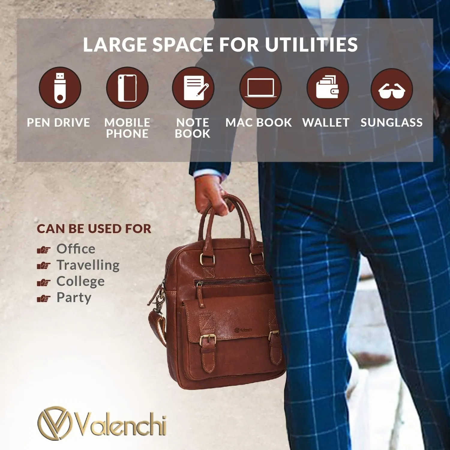 VALENCHI Leather Messenger Bag For Men - Laptop Messenger Briefcase & Shoulder Bag-Office, Work, Travel, College