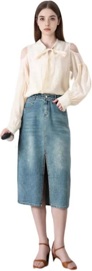 Vintage Denim Long Skirt Women's High Waist A-Line Split Slim Fit Spring Fashion Cover Crotch Half Body Skirt