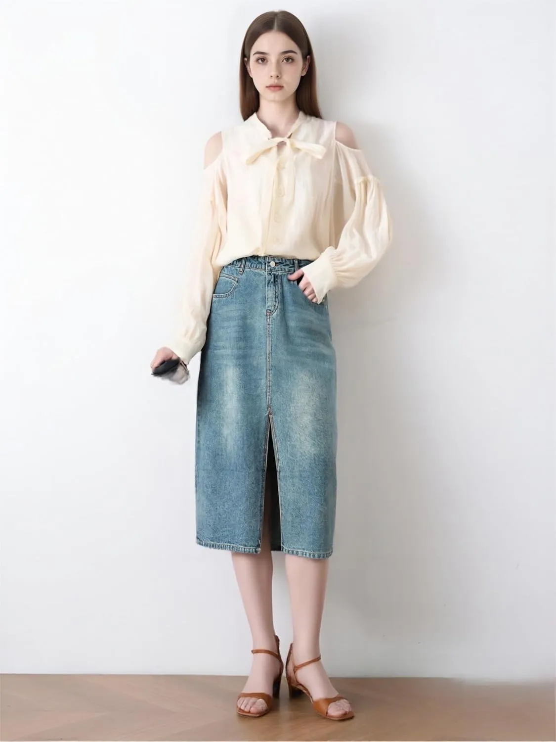 Vintage Denim Long Skirt Women's High Waist A-Line Split Slim Fit Spring Fashion Cover Crotch Half Body Skirt