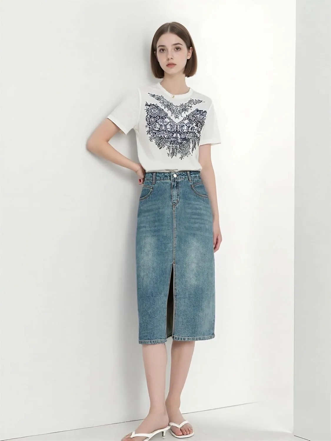 Vintage Denim Long Skirt Women's High Waist A-Line Split Slim Fit Spring Fashion Cover Crotch Half Body Skirt