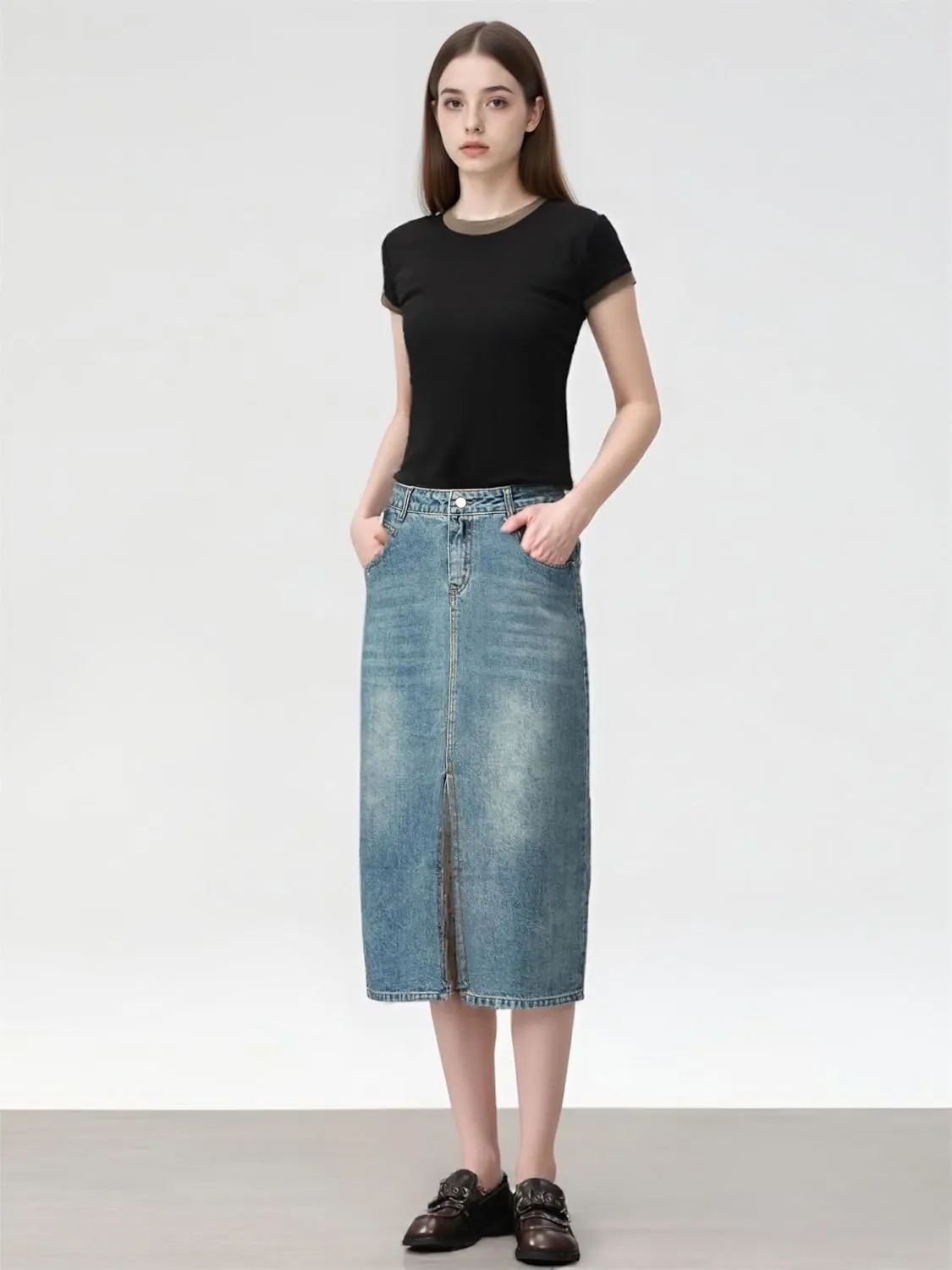 Vintage Denim Long Skirt Women's High Waist A-Line Split Slim Fit Spring Fashion Cover Crotch Half Body Skirt