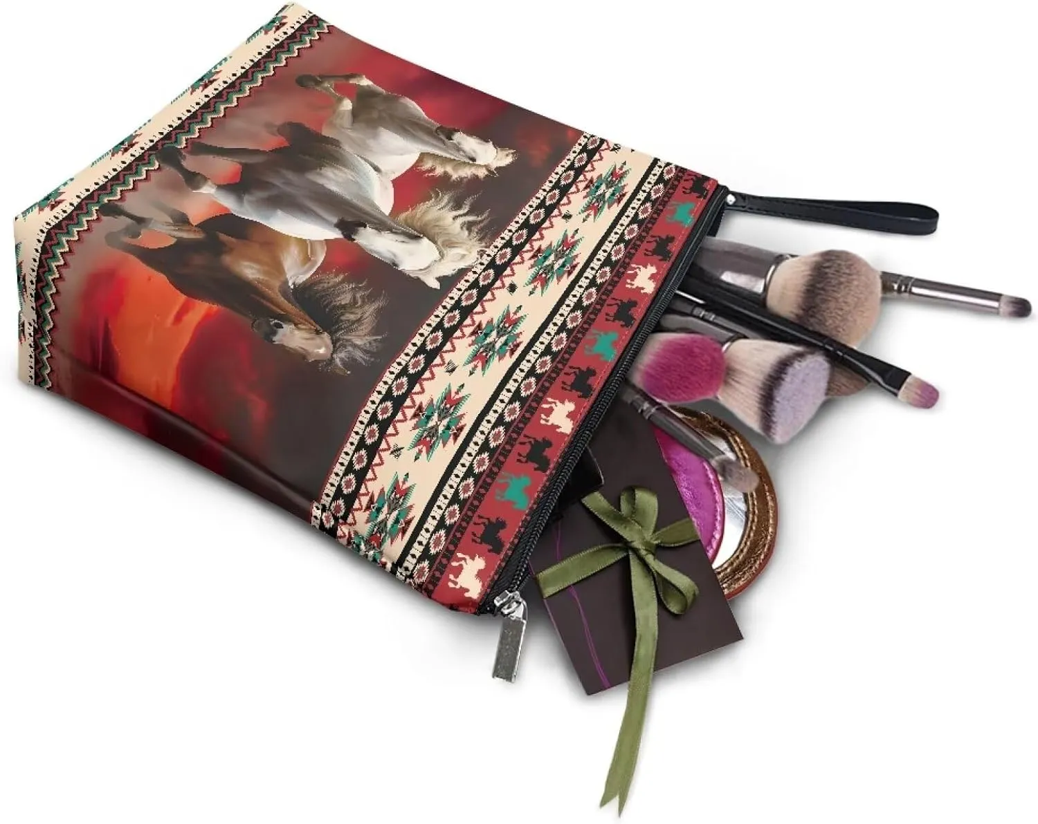 Women Cosmetic Bag Aztec Horse Printed Travel Makeup Pouch Waterproof Makeup Bag for Purse Portable Toiletry Bag Accessories Organizer