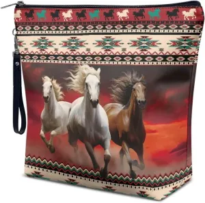 Women Cosmetic Bag Aztec Horse Printed Travel Makeup Pouch Waterproof Makeup Bag for Purse Portable Toiletry Bag Accessories Organizer