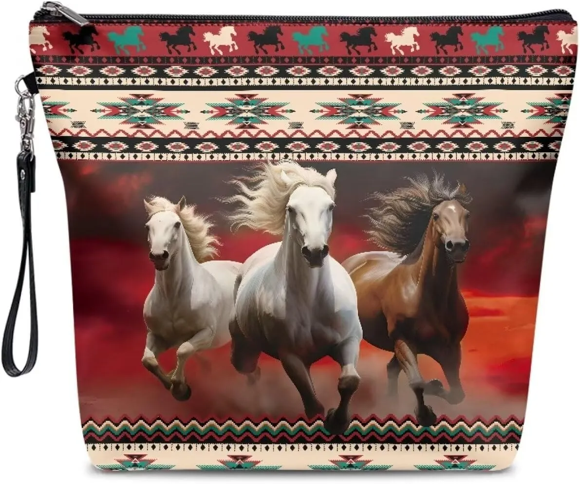Women Cosmetic Bag Aztec Horse Printed Travel Makeup Pouch Waterproof Makeup Bag for Purse Portable Toiletry Bag Accessories Organizer
