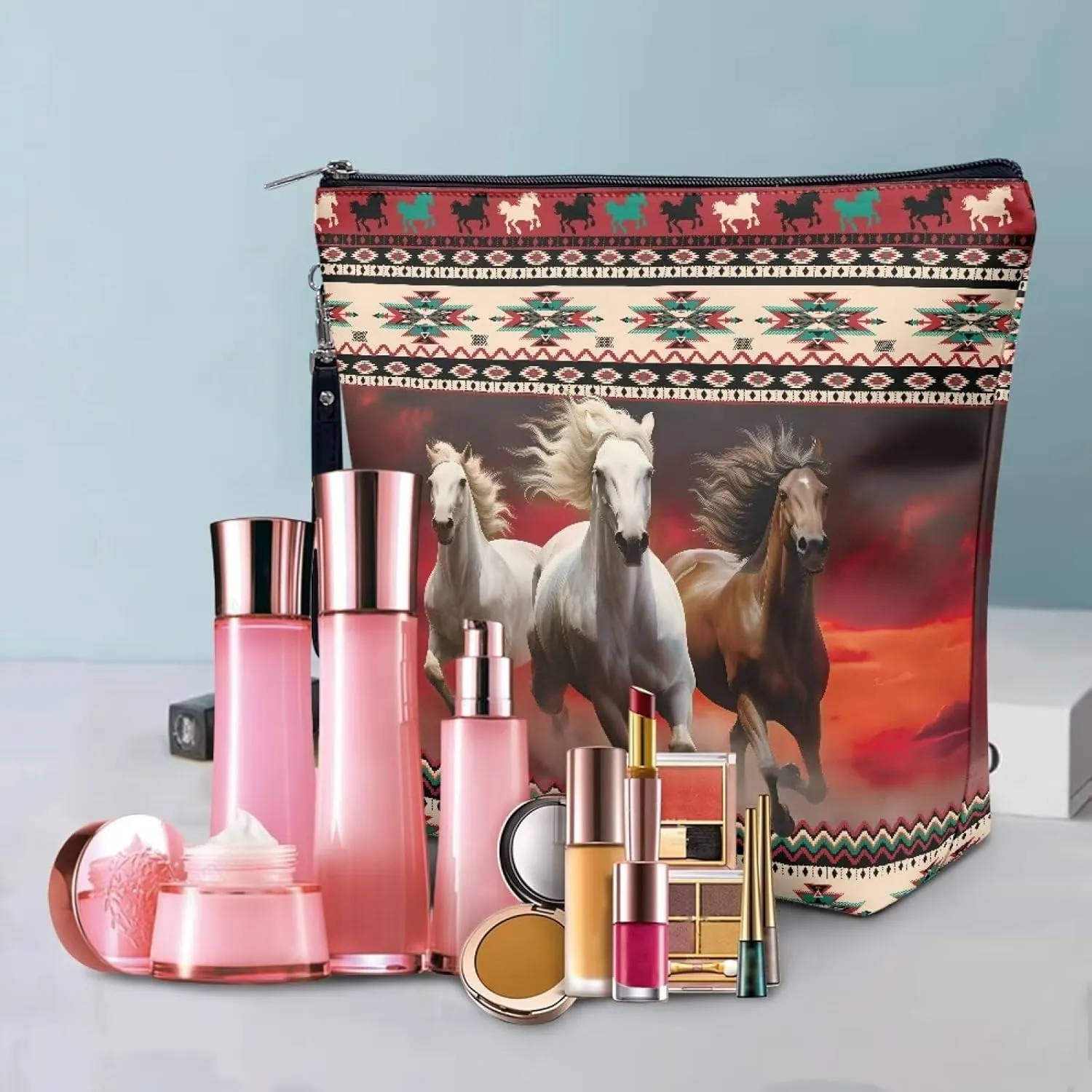 Women Cosmetic Bag Aztec Horse Printed Travel Makeup Pouch Waterproof Makeup Bag for Purse Portable Toiletry Bag Accessories Organizer