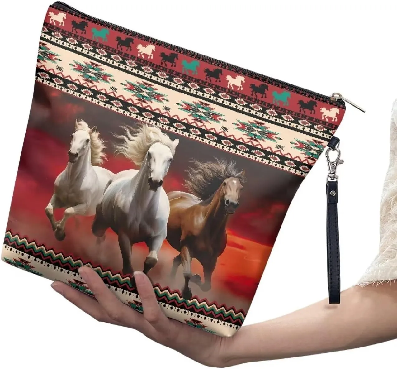 Women Cosmetic Bag Aztec Horse Printed Travel Makeup Pouch Waterproof Makeup Bag for Purse Portable Toiletry Bag Accessories Organizer