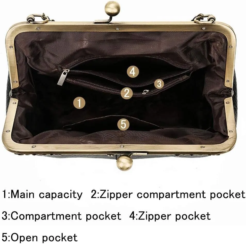 Women Crossbody Bags Small Retro Kiss Lock Handbag PU Leather Hobo Bags Hollow Tote Shoulder Satchels