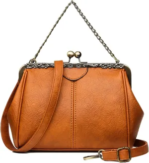 Women Crossbody Bags Small Retro Kiss Lock Handbag PU Leather Hobo Bags Hollow Tote Shoulder Satchels