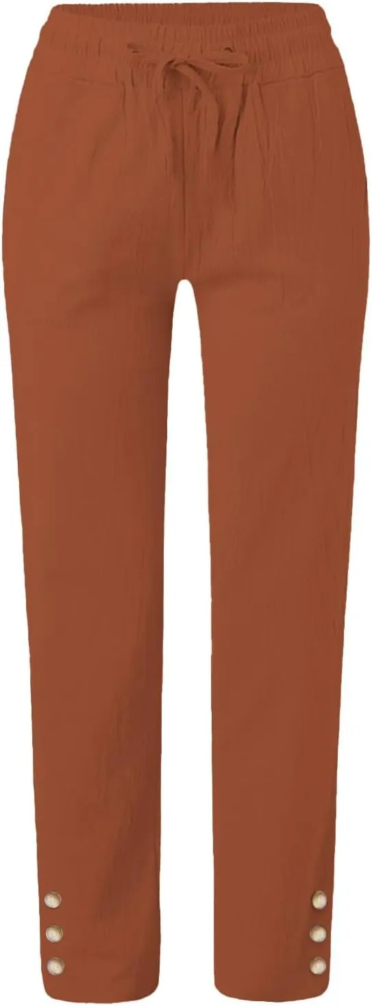 Women Linen Pants with Drawstring Lightweight Elastic Waist Leg Loose with Pockets Petite Summer Relaxed Fit Tapered