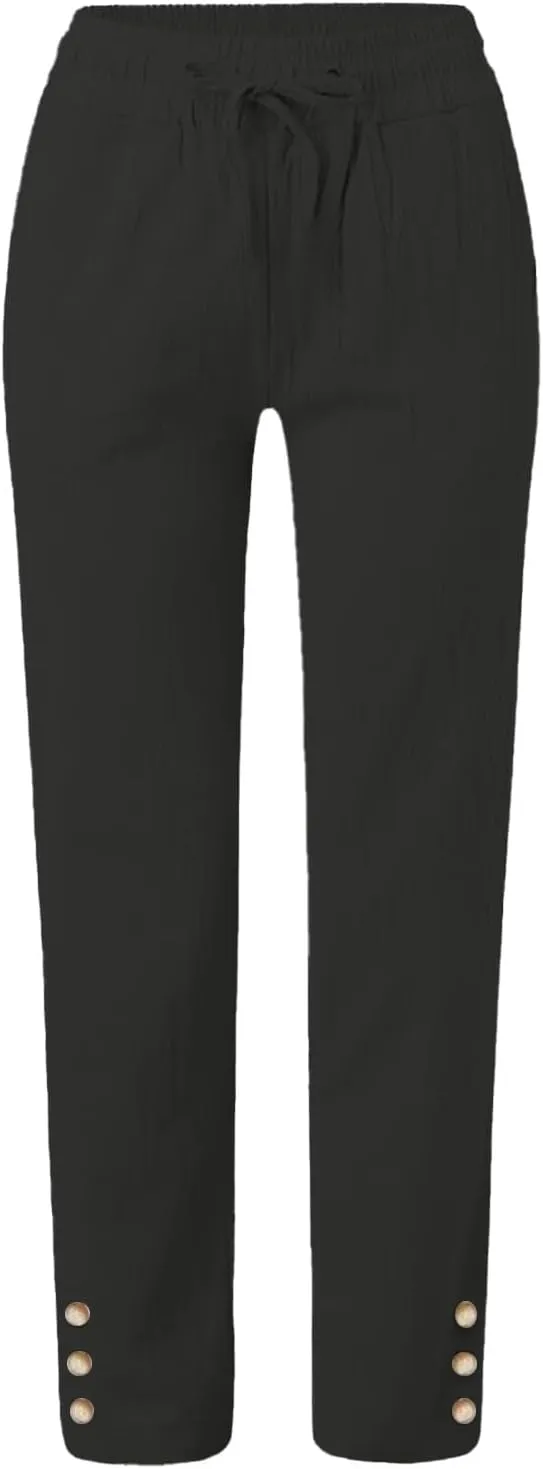 Women Linen Pants with Drawstring Lightweight Elastic Waist Leg Loose with Pockets Petite Summer Relaxed Fit Tapered