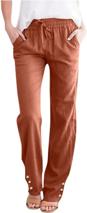 Women Linen Pants with Drawstring Lightweight Elastic Waist Leg Loose with Pockets Petite Summer Relaxed Fit Tapered