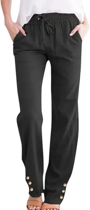 Women Linen Pants with Drawstring Lightweight Elastic Waist Leg Loose with Pockets Petite Summer Relaxed Fit Tapered