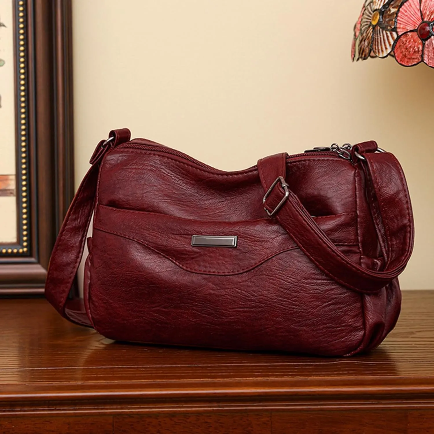 Women Shoulder Bag Fashionable New Pattern Retro Solid Color Large Capacity Zipper Versatile Messenger (Red, One Size)