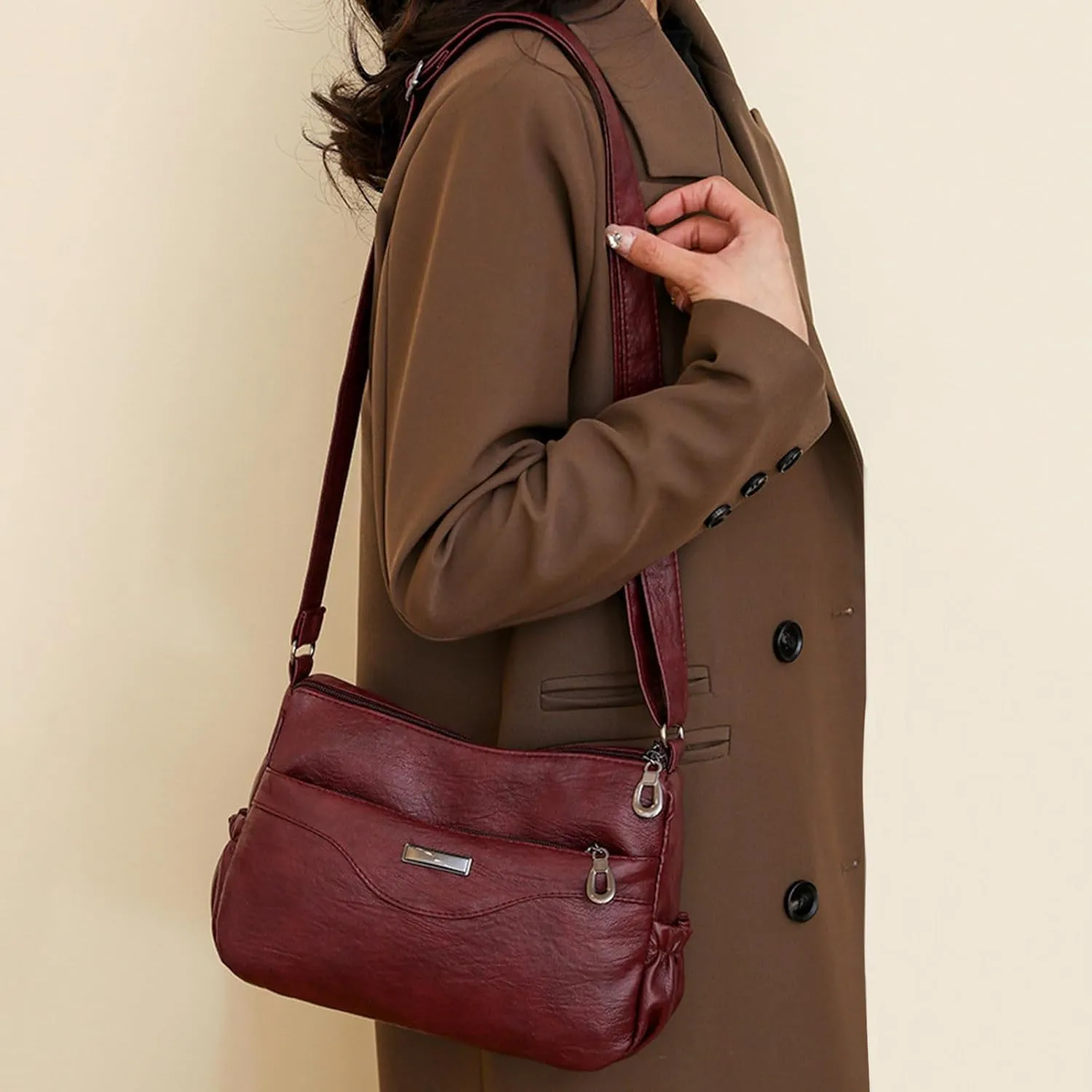 Women Shoulder Bag Fashionable New Pattern Retro Solid Color Large Capacity Zipper Versatile Messenger (Red, One Size)