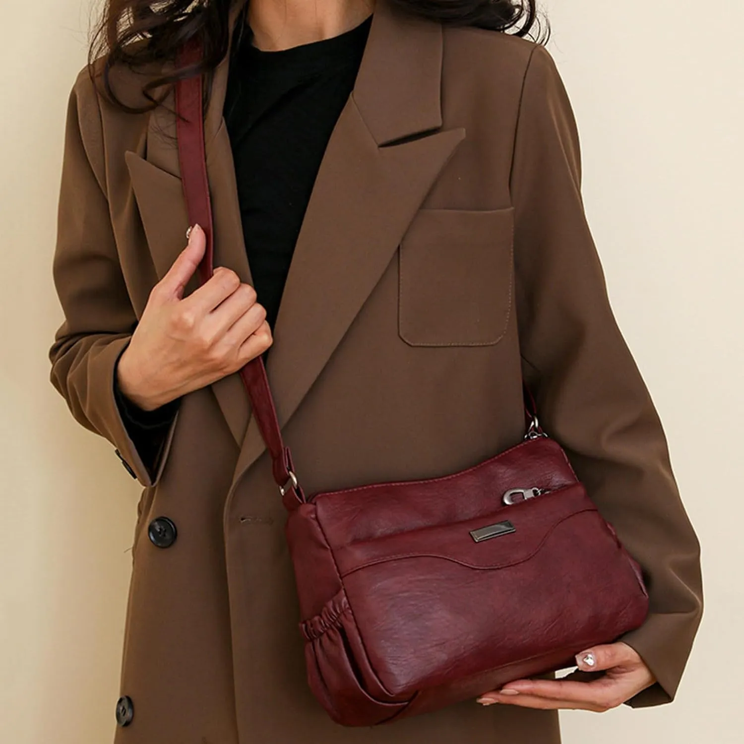 Women Shoulder Bag Fashionable New Pattern Retro Solid Color Large Capacity Zipper Versatile Messenger (Red, One Size)