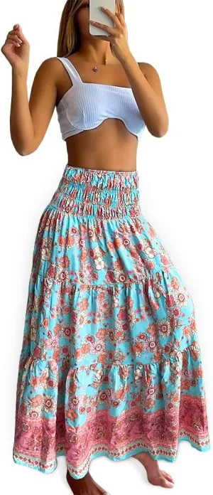 Women's 2025 Summer Boho Maxi Skirt Casual Floral High Waist A Line Long Pleated Beach Skirts
