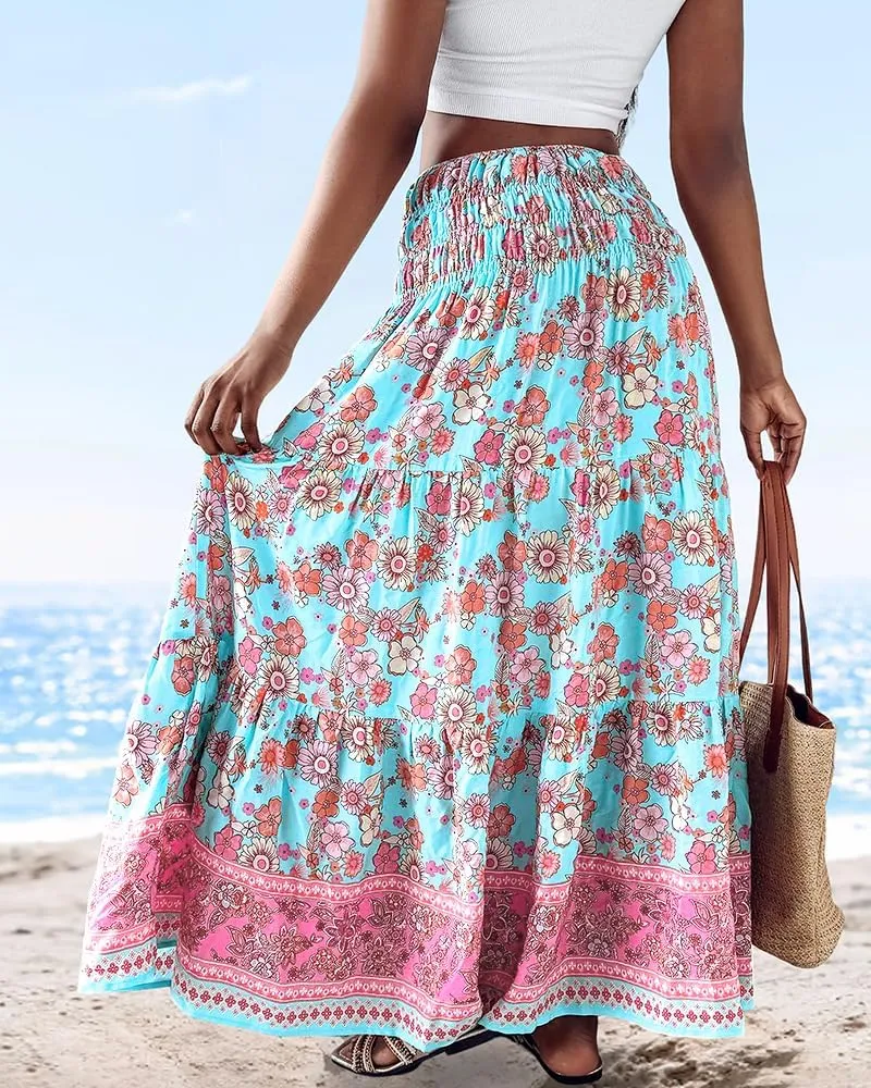 Women's 2025 Summer Boho Maxi Skirt Casual Floral High Waist A Line Long Pleated Beach Skirts