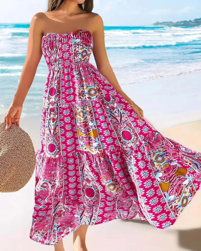 Women's 2025 Summer Boho Maxi Skirt Casual Floral High Waist A Line Long Pleated Beach Skirts