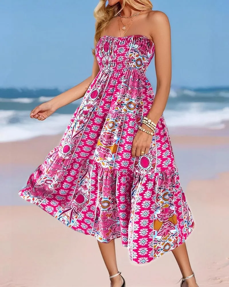 Women's 2025 Summer Boho Maxi Skirt Casual Floral High Waist A Line Long Pleated Beach Skirts