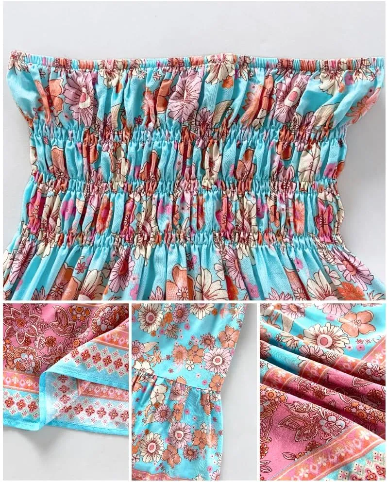 Women's 2025 Summer Boho Maxi Skirt Casual Floral High Waist A Line Long Pleated Beach Skirts