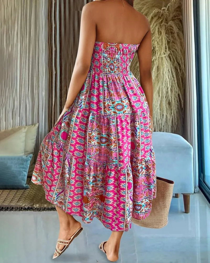 Women's 2025 Summer Boho Maxi Skirt Casual Floral High Waist A Line Long Pleated Beach Skirts